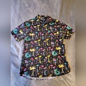 Mens Size M Massive Button-Down with Neon Shapes and Drum Sets Patterns